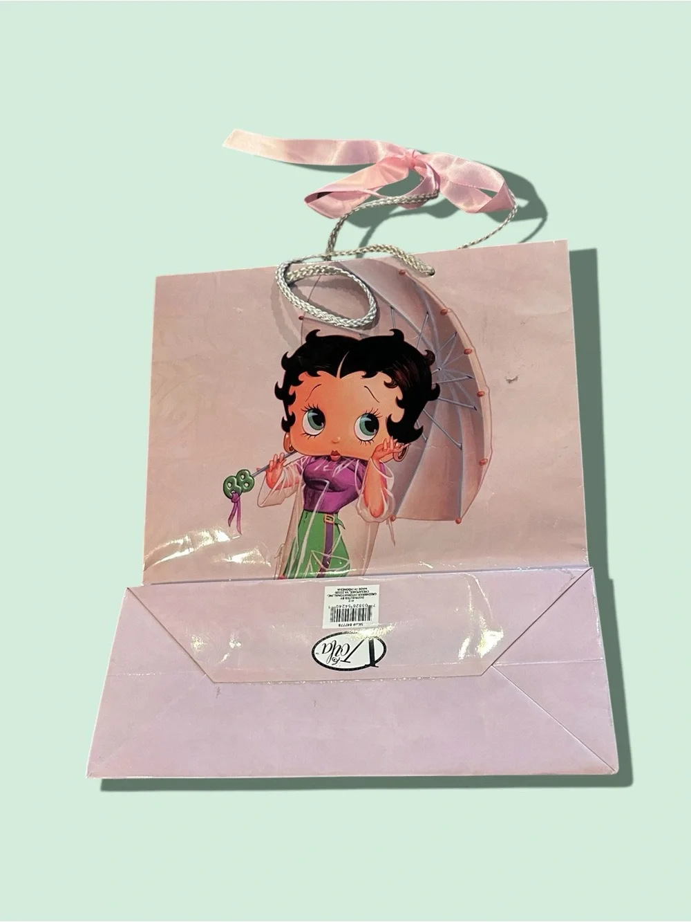 Vintage 2004 Pink Betty Boop Rain Go Away Graphic Gift Bag with Ribbon Handles